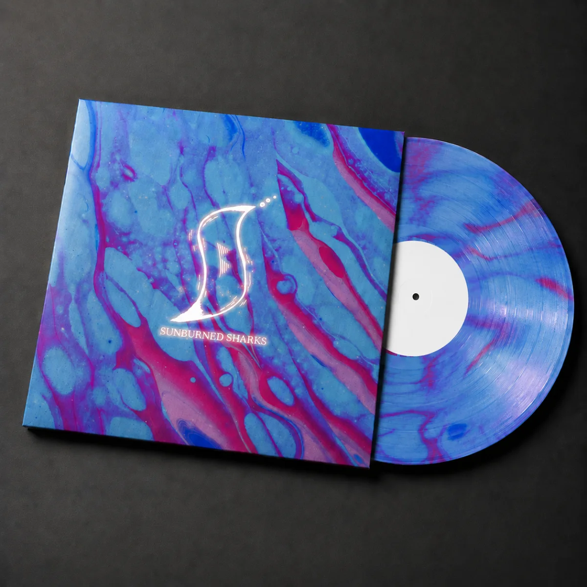 Sunburned Sharks debut album sleeve and red and blue swirl vinyl record